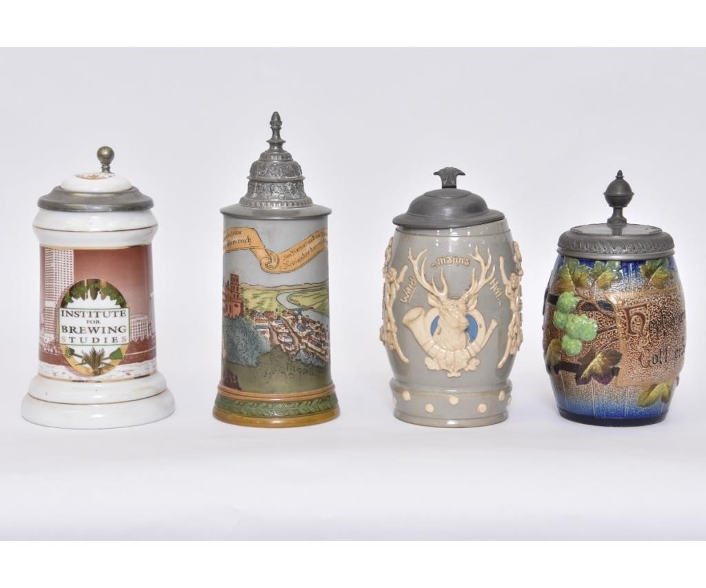 Appraisal: Four German steins the largest with village and river signed