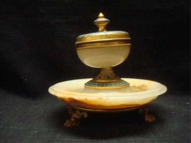 Appraisal: Bronze Alabaster and Enameled Inkwell From a North Bergen NJ