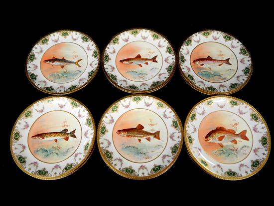 Appraisal: th C Limoges porcelain partial fish service twelve pieces all