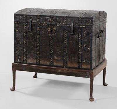 Appraisal: Early Iron and Leather-Clad Chest Continental th century or earlier