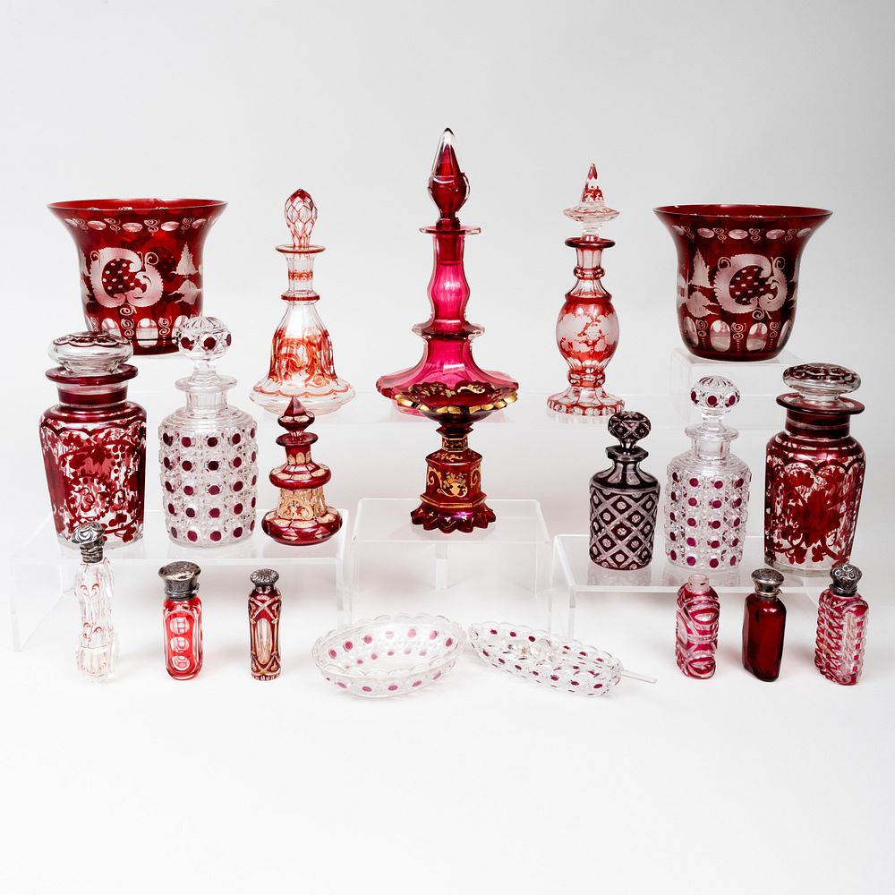 Appraisal: Large Group of Red Glass Decorated Scent Bottles and Table