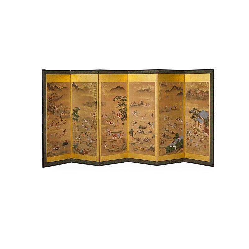 Appraisal: JAPANESE PAINTED SCREEN Six panels depicting landscape and figural scene