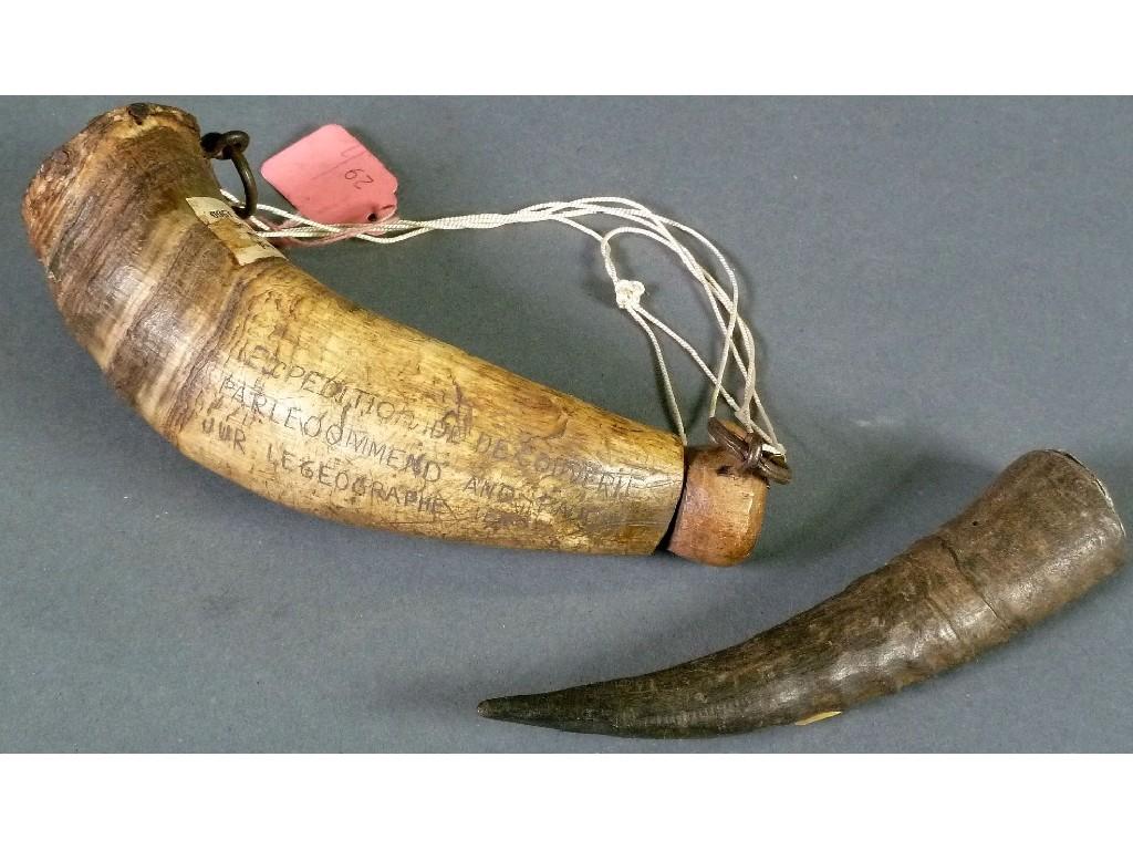 Appraisal: INTERESTING ANTIQUE HORN AND METAL MOUNTED SMALL POWDER HORN with