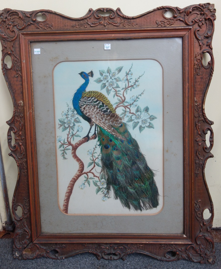 Appraisal: A pair of Victorian feather pictures each depicting a peacock