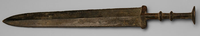 Appraisal: Bronze Knife Chinese th century or earlier segmented grip with