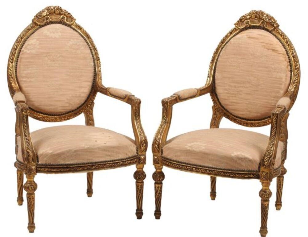 Appraisal: pair Louis XVI style giltwood armchairs staining and some loss