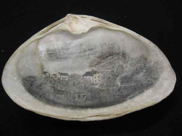 Appraisal: Victorian Handpainted Clam Shellwith farm scene '' x ''