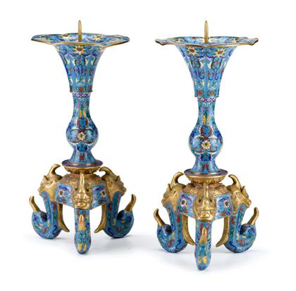 Appraisal: Pair of Chinese gilt metal and cloisonne enamel prickets Of