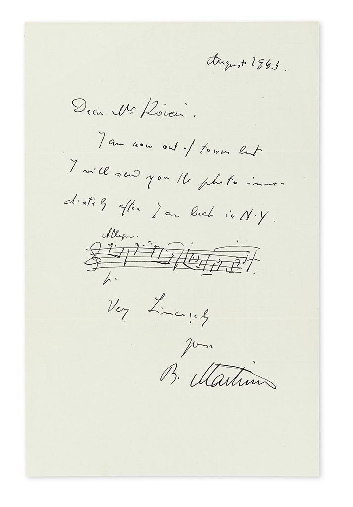 Appraisal: MARTINU BOHUSLAV Autograph Musical Quotation with an Autograph Letter Signed