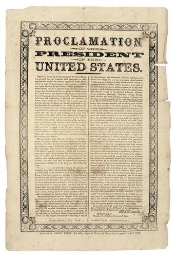 Appraisal: BROADSIDE PRINTING OF THE AMNESTY PROCLAMATION CIVIL WAR Lincoln Abraham