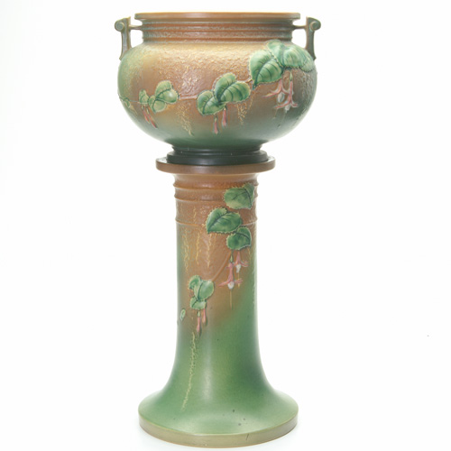 Appraisal: ROSEVILLE Green Fuchsia jardiniere and pedestal set Strong mold and