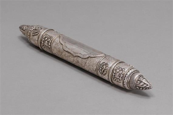 Appraisal: SUTRA SCROLL RECEPTACLE Tibet L cm Silver Cylindrical shape in