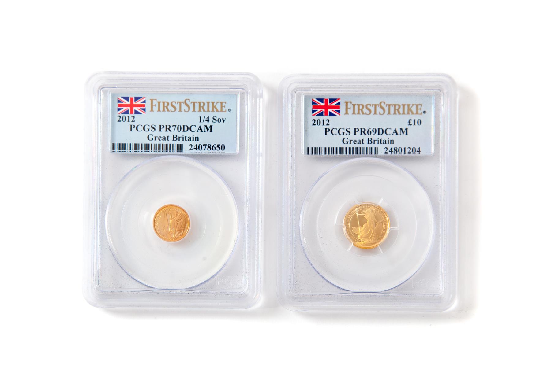 Appraisal: TWO BRITISH GOLD COINS sovereign PR DCAM PCGS ten pound