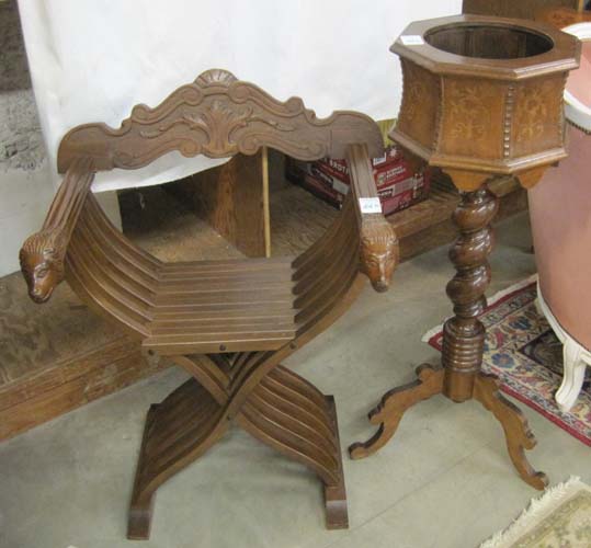 Appraisal: ARMCHAIR JARDINIERE STAND Italian th century The Savonarola armchair has