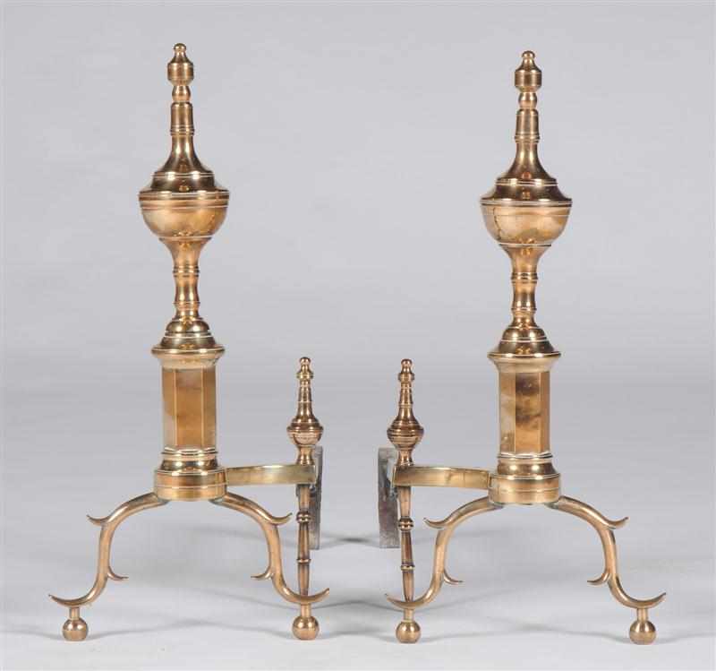 Appraisal: PAIR OF FEDERAL BELL METAL ANDIRONS Each hexagonal stem surmounted