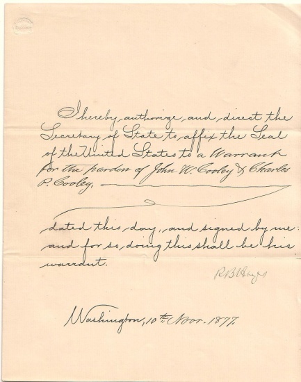 Appraisal: PRESIDENTIAL PARDON HAYES RUTHERFORD B Partly-printed Document Signed R B