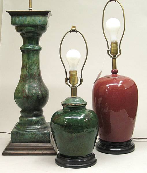 Appraisal: Three glazed ceramic table lamps Comprising Chinese green glazed earthenware