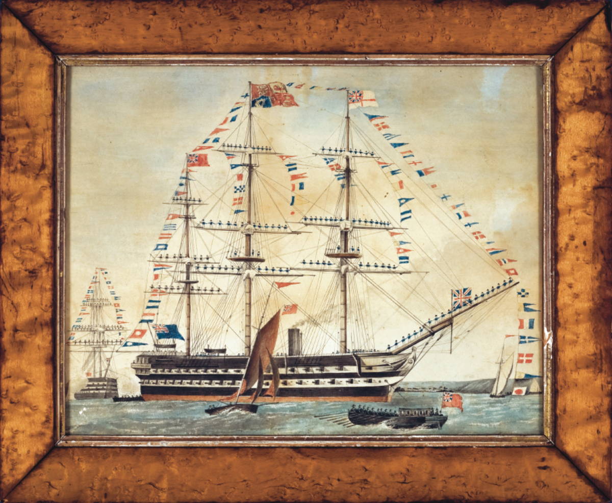 Appraisal: BRITISH SHIP-OF-THE-LINE DRESSED WITH FLAGS AND FLYING THE ROYAL STANDARD