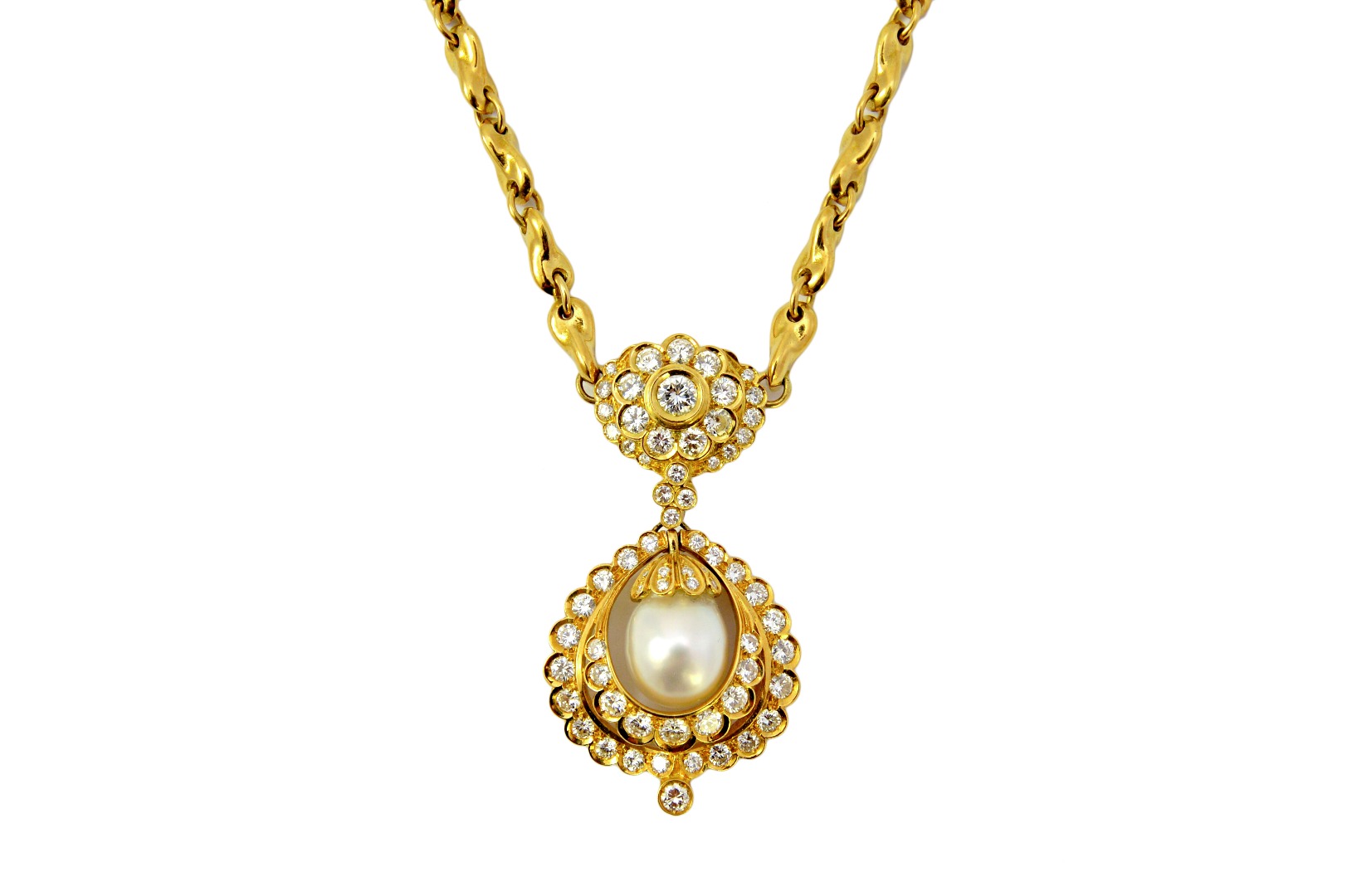 Appraisal: A gold diamond set and cultured pearl necklace the front