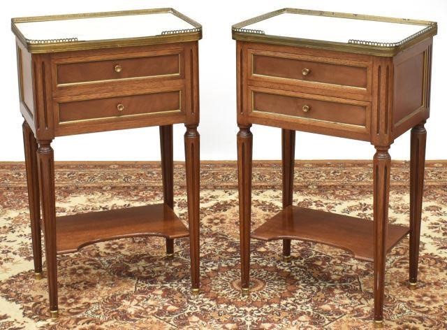 Appraisal: pair French Louis XVI style marble-top mahogany nightstands late th