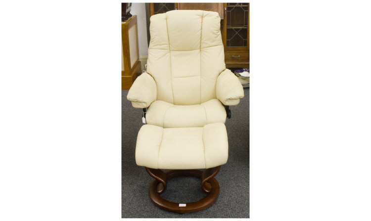 Appraisal: Modern Cream Leather Armchair Together With Matching Foot Rest Wooden