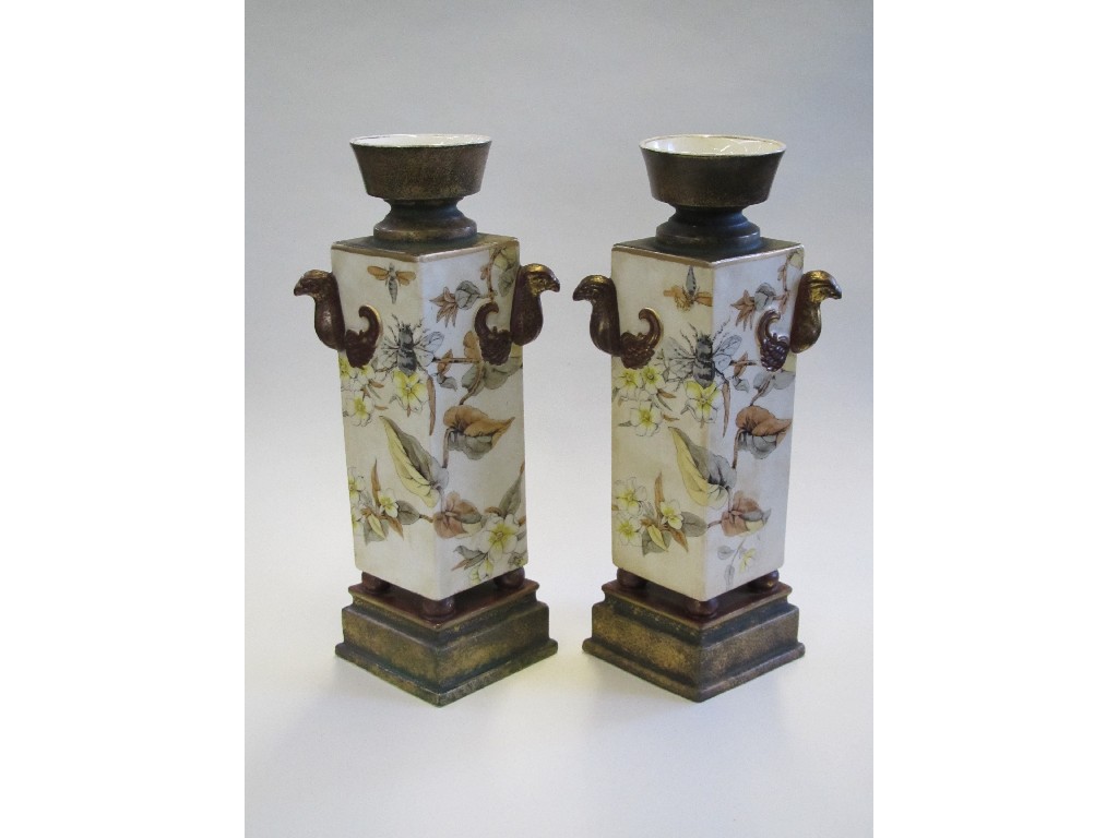 Appraisal: Pair of continental vases of diamond shape decorated with insects