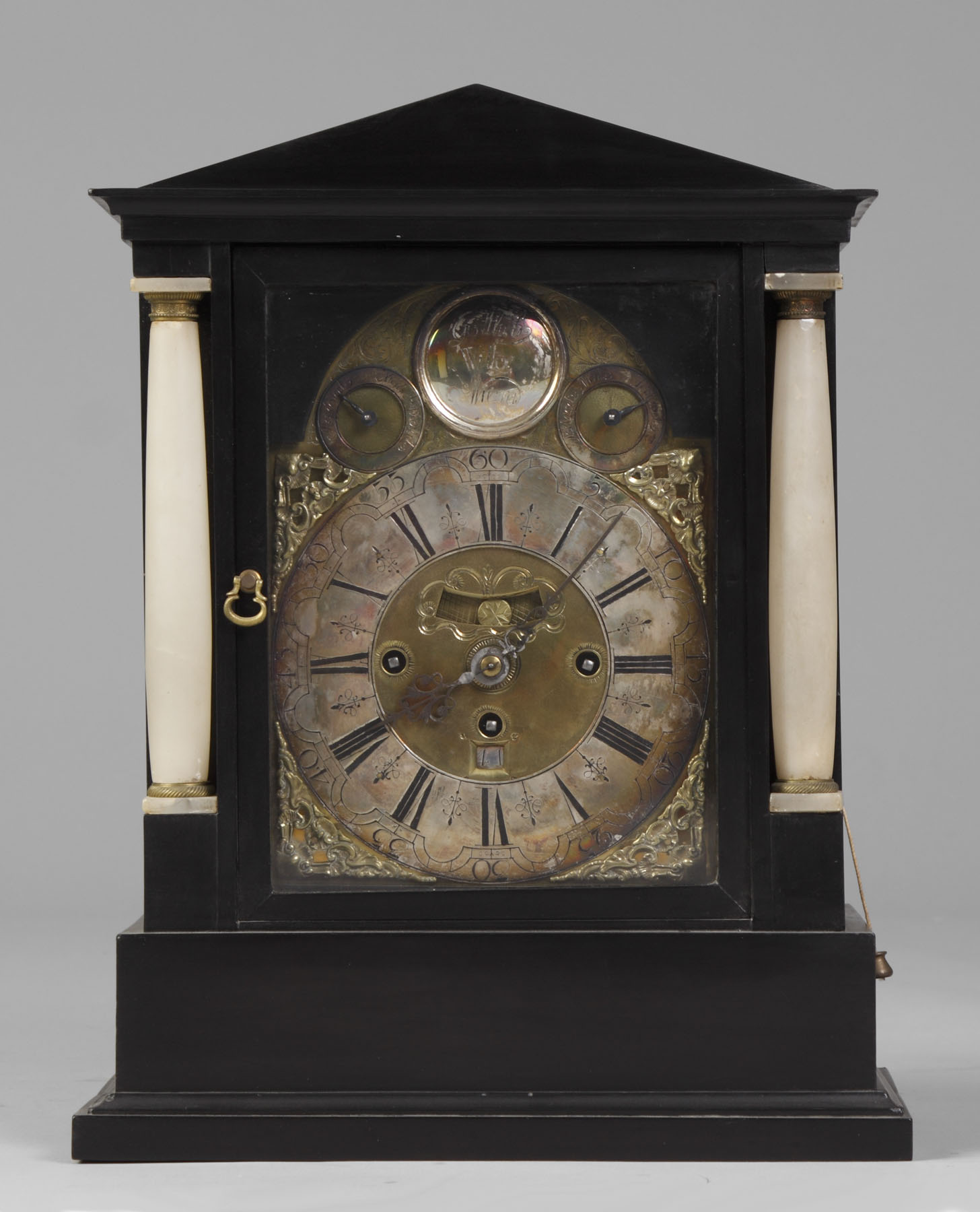 Appraisal: th Century Bracket Clock Ebonized case with applied alabaster columns