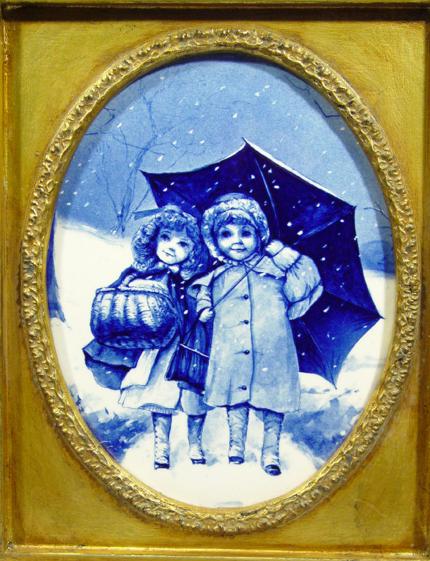 Appraisal: Oval china plaque decorated with young children in a winter's