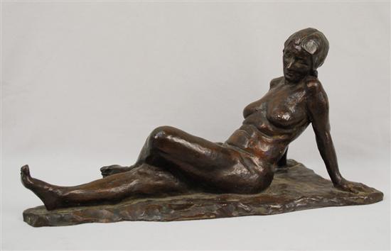 Appraisal: AMERICAN SCHOOL th century RECLINING NUDE bronze with brown patina