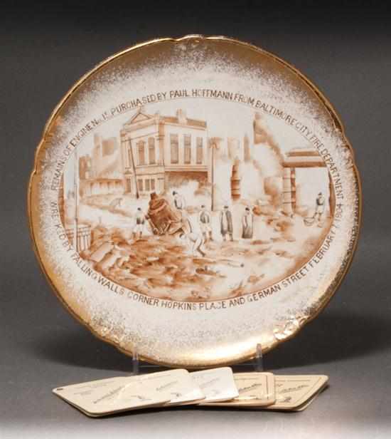 Appraisal: Transfer decorated plate commemorating the Baltimore Fire of and Hochschild