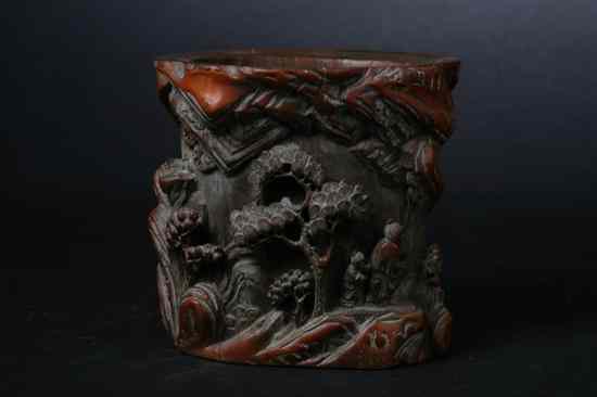 Appraisal: CHINESE BAMBOO BRUSH HOLDER Carved to depict mountainous landscape with