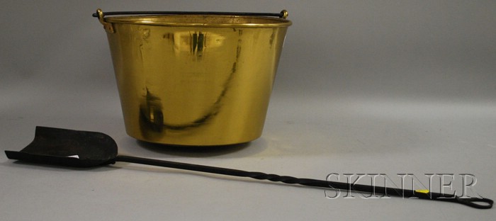 Appraisal: Brass Kettle with Wrought Iron Swing Handle and a Wrought