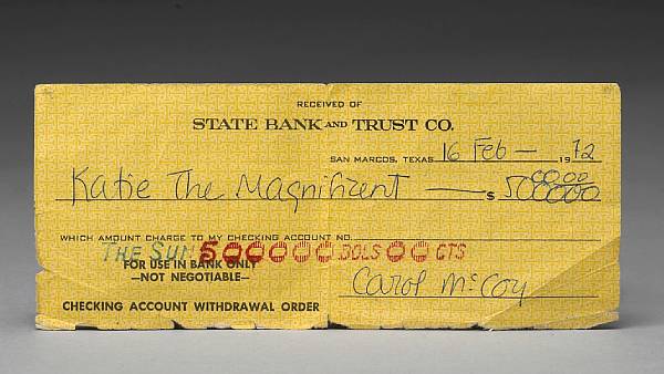 Appraisal: From the Katy Haber CollectionA check from The Getaway made