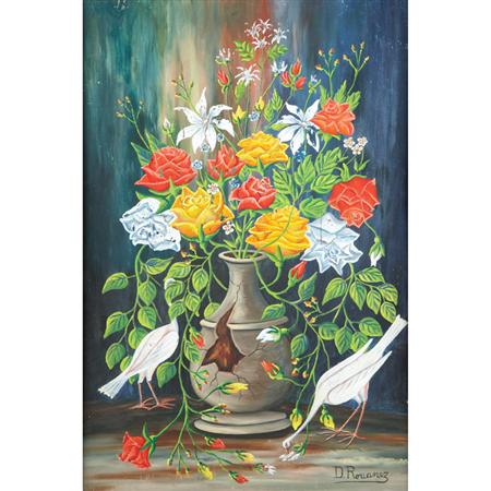 Appraisal: Dieudonne Rouanez Haitian b Roses in Cracked Vase with Birds