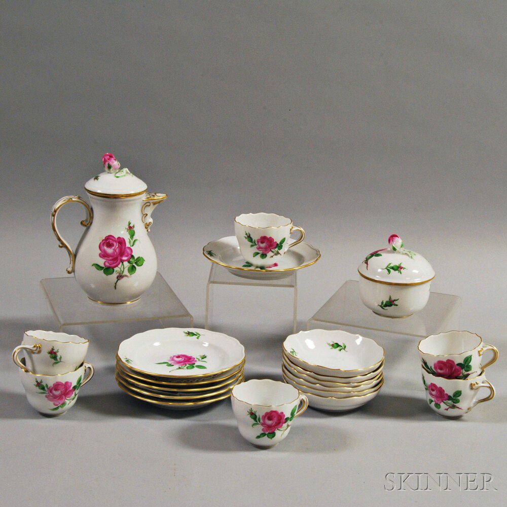 Appraisal: Meissen Red Rose Porcelain Demitasse Set th century six cups