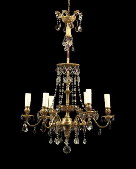 Appraisal: Fine and Attractive French Gilt-Bronze and Painted Tiered Six-Light Chandelier