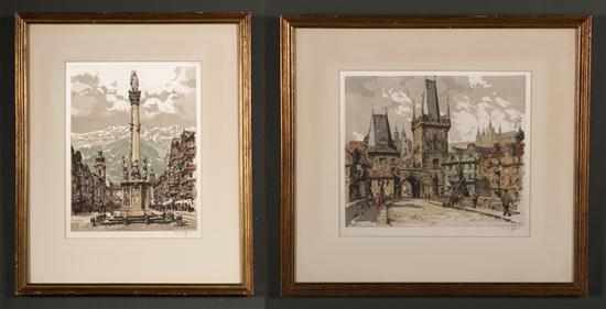 Appraisal: Hans Figura Austrian - ''Prauge'' and ''Innsbruck'' two etchings and