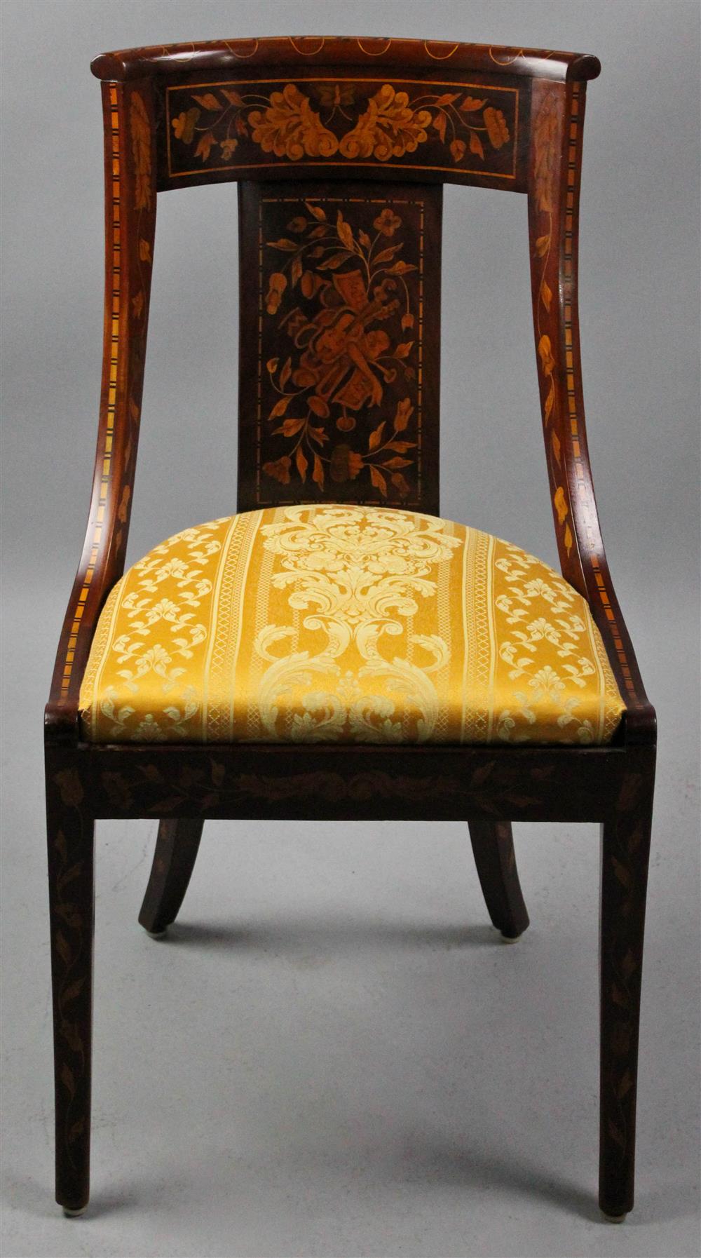 Appraisal: DUTCH MARQUETRY WALNUT GONDOLA FORM SIDE CHAIR having a curved