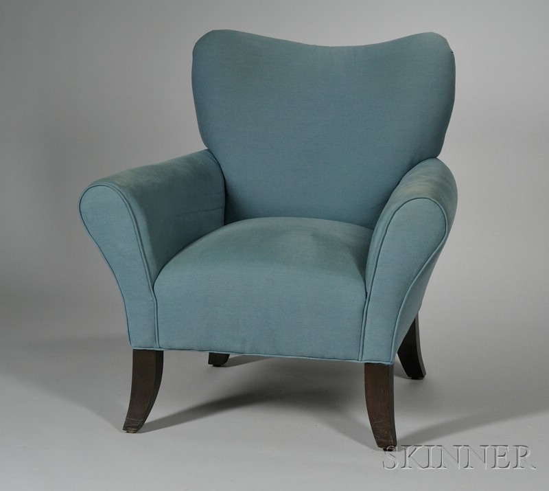 Appraisal: High-back Armchair Blue upholstery and wood United States c Shaped