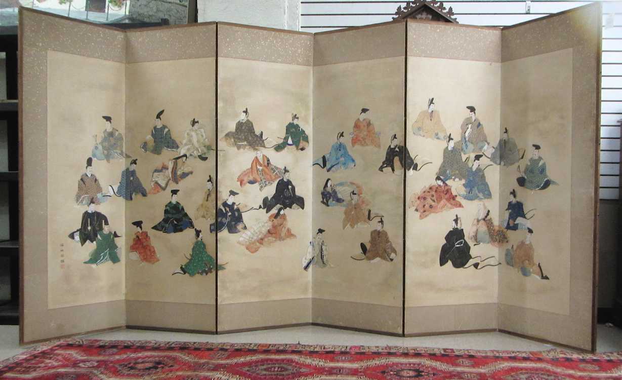 Appraisal: SIX-PANEL JAPANESE SANJU ROKKASEN PAPER SCREEN Meiji period th century