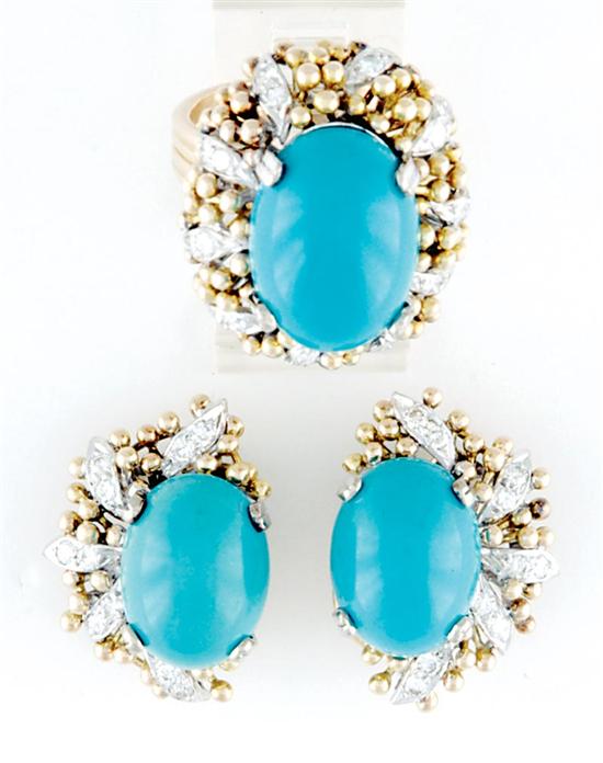 Appraisal: Turquiose diamond and gold ring and earrings set cabochon turquoise