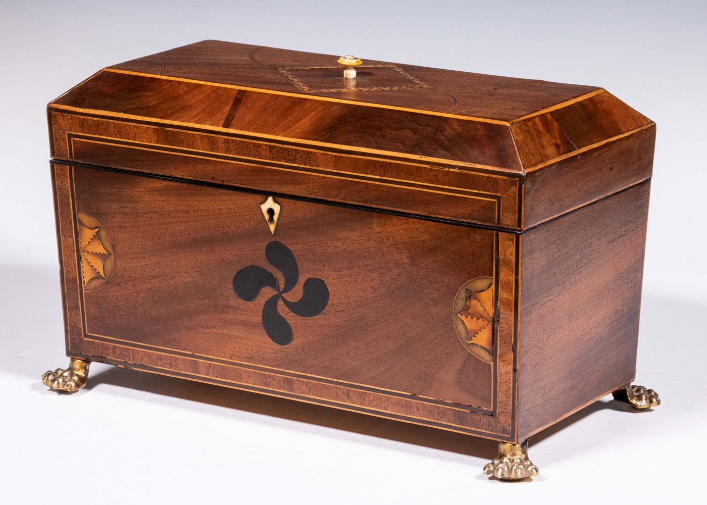 Appraisal: ENGLISH SARCOPHAGUS FORM TEA CADDY th c Regency Inlaid Mahogany