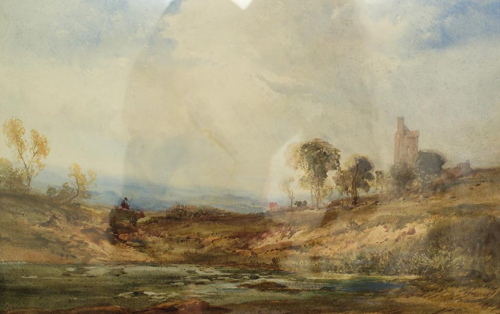 Appraisal: ENGLISH SCHOOL th CENTURY CART BY A RUINED CASTLE watercolour