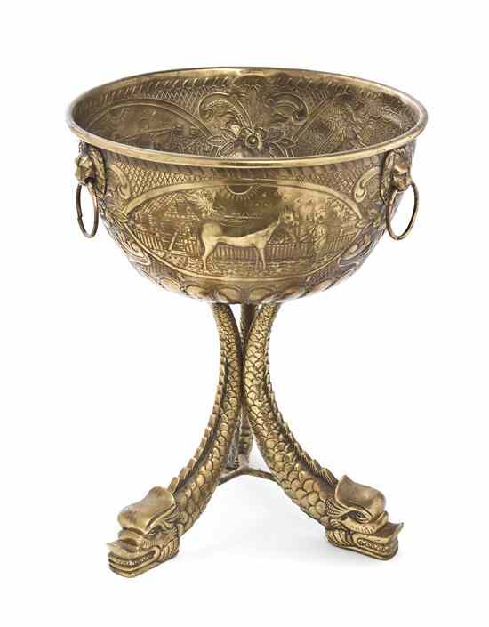 Appraisal: A Continental Brass Brazier the hemispherical bowl with stamped decoration