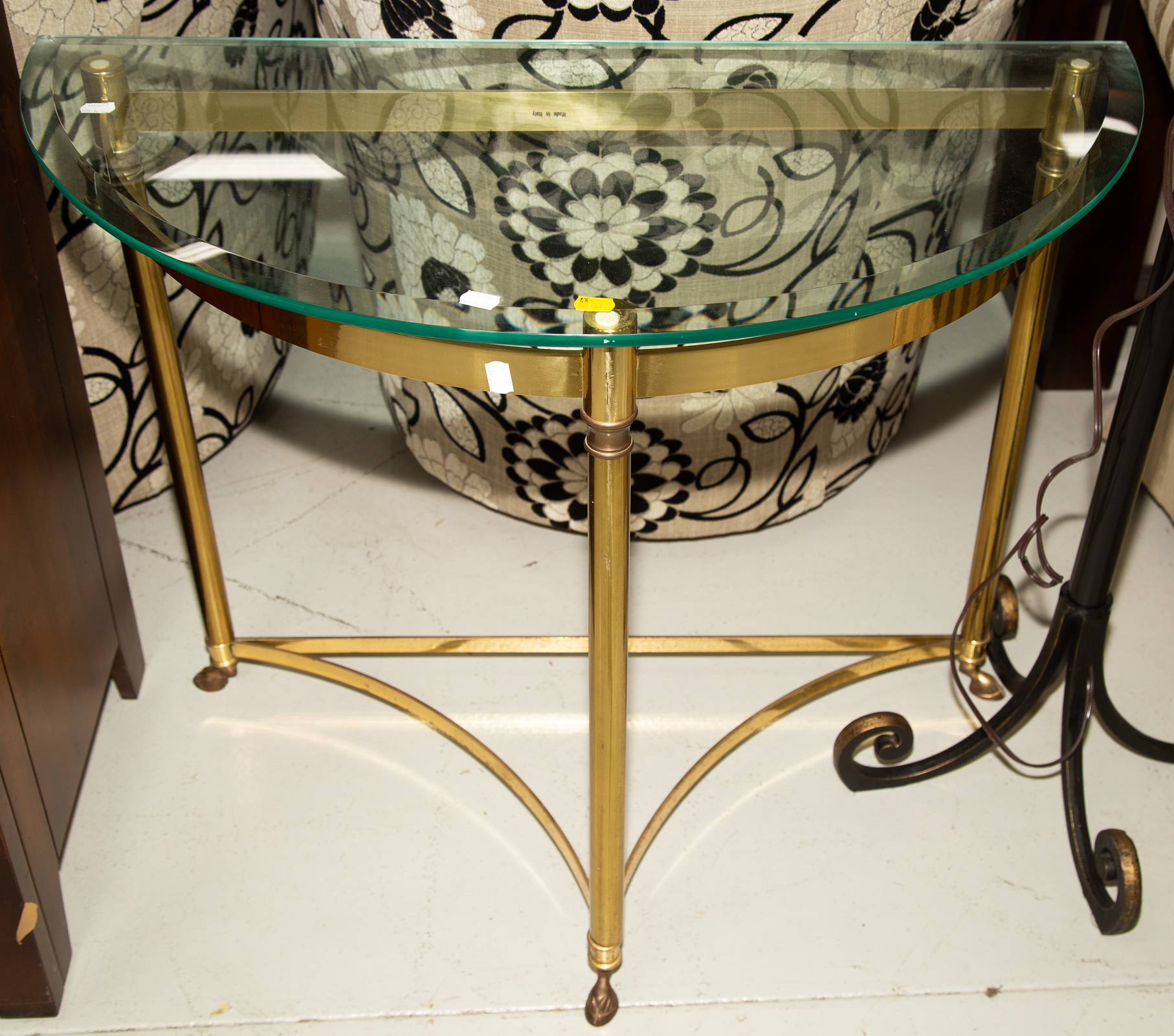 Appraisal: NEOCLASSICAL DEMILUNE PIER TABLE TORCHIERE Comprising an Italian gilt metal