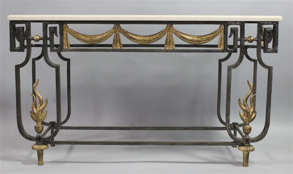 Appraisal: NEOCLASSICAL STYLE WROUGHT IRON PARCEL GILT CONSOLE TABLE WITH WHITE