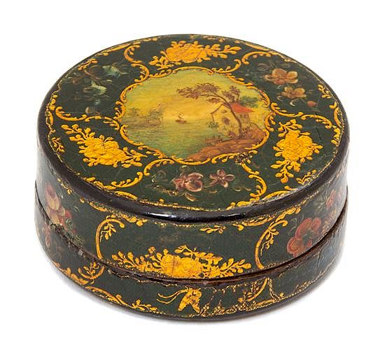 Appraisal: An English Circular Lacquer Snuff Box Diameter inches An English