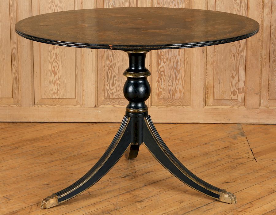 Appraisal: REGENCY STYLE CHINOISERIE ROUND CENTER TABLE A Regency style chinoiserie