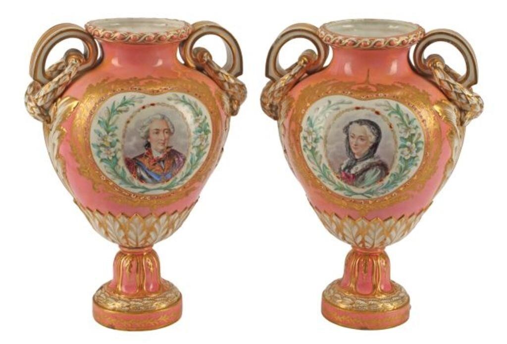 Appraisal: pair Sevres style porcelain pink ground portrait vases chips gilt