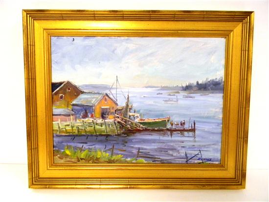 Appraisal: Roger Dennis ''Stonington ME Deer Isle'' oil on canvas-board wharf